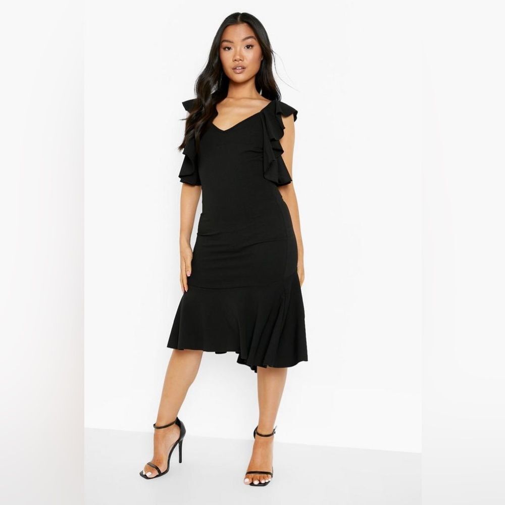 Boohoo Frill Open Back Short Waterfall Flutter Sleeve Flounced Hem Midi Dress 10